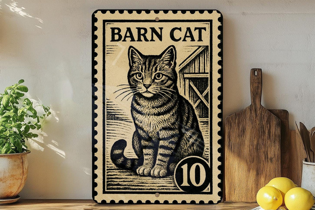 A metal sign featuring a cat illustration, with the text "BARN CAT" and the number "10" below it.