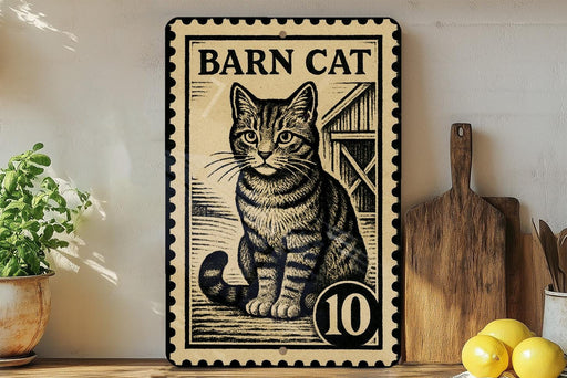 A metal sign featuring a cat illustration, with the text "BARN CAT" and the number "10" below it.