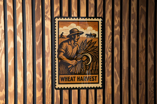 A vintage-style wheat harvest poster is displayed on a wooden wall, featuring a farmer holding a scythe and a field of wheat.