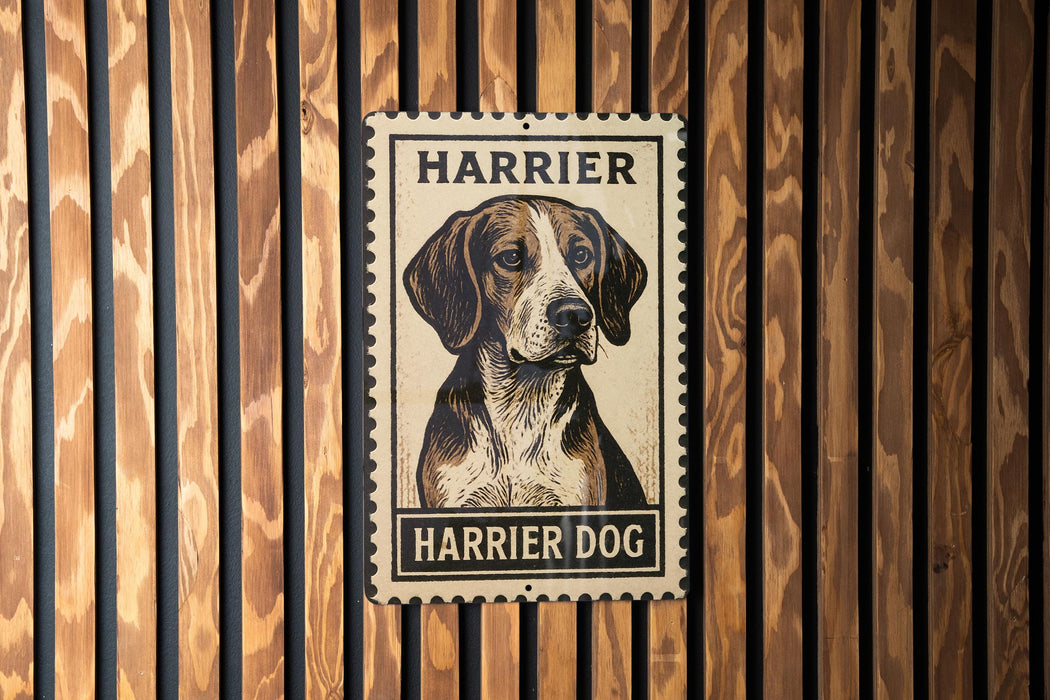 A metal sign with a picture of a dog, labeled "Harrier Dog", is mounted on a wooden wall.