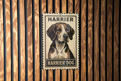 A metal sign with a picture of a dog, labeled "Harrier Dog", is mounted on a wooden wall.