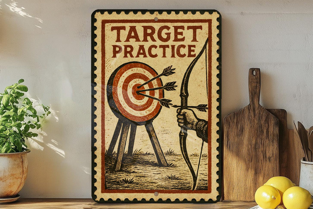 a vintage-style sign with the text "TARGET PRACTICE" and an illustration of a target with arrows. The sign is displayed on a shelf next to a wooden cutting board and a potted plant.