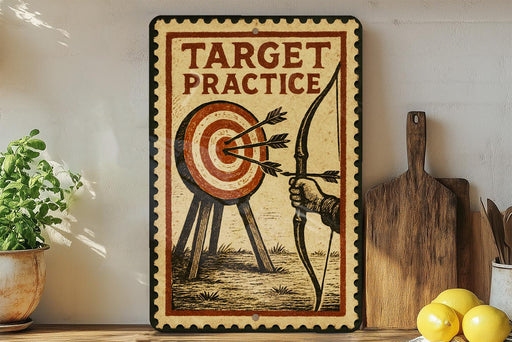 a vintage-style sign with the text "TARGET PRACTICE" and an illustration of a target with arrows. The sign is displayed on a shelf next to a wooden cutting board and a potted plant.