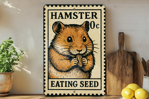 A metal sign with a hamster eating a seed, placed on a wooden surface next to a wooden cutting board and some lemons.