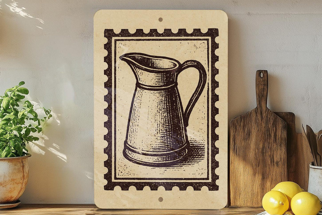 a wooden shelf with various kitchen items, including a potted plant, a wooden cutting board, and a lemon. There is also a framed illustration of a pitcher on the shelf.