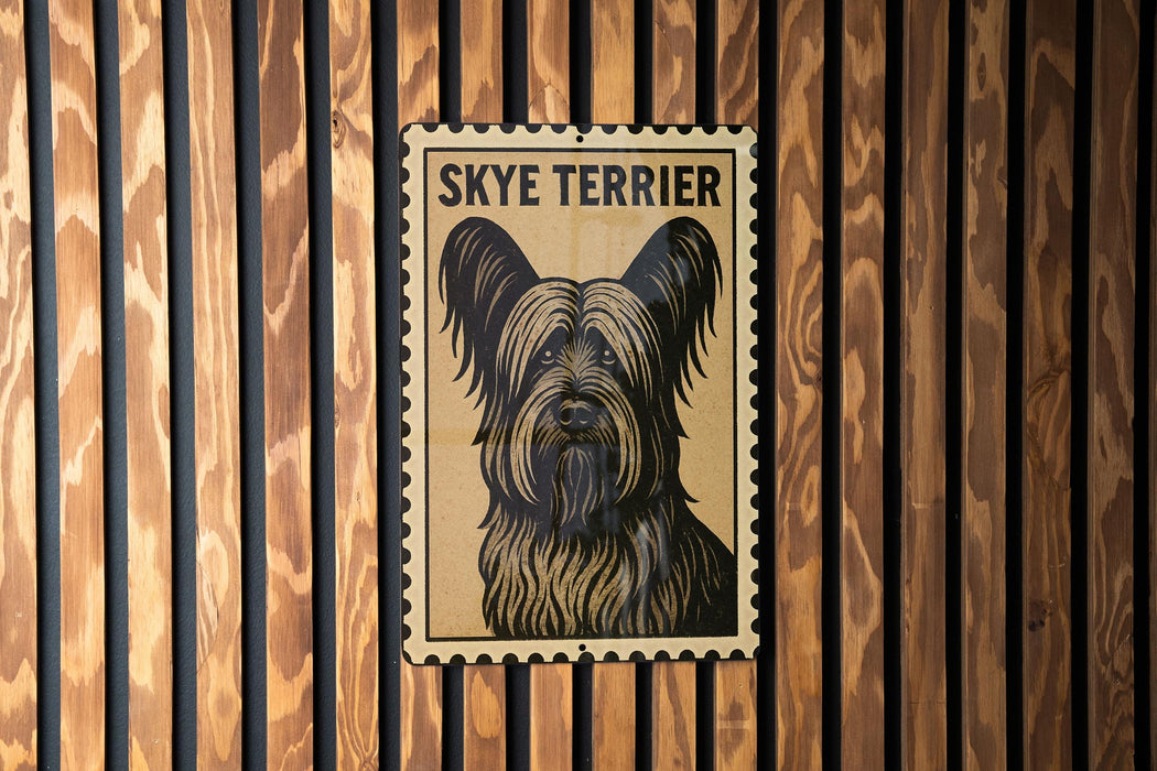 A Skye Terrier dog poster is displayed on a wooden wall.