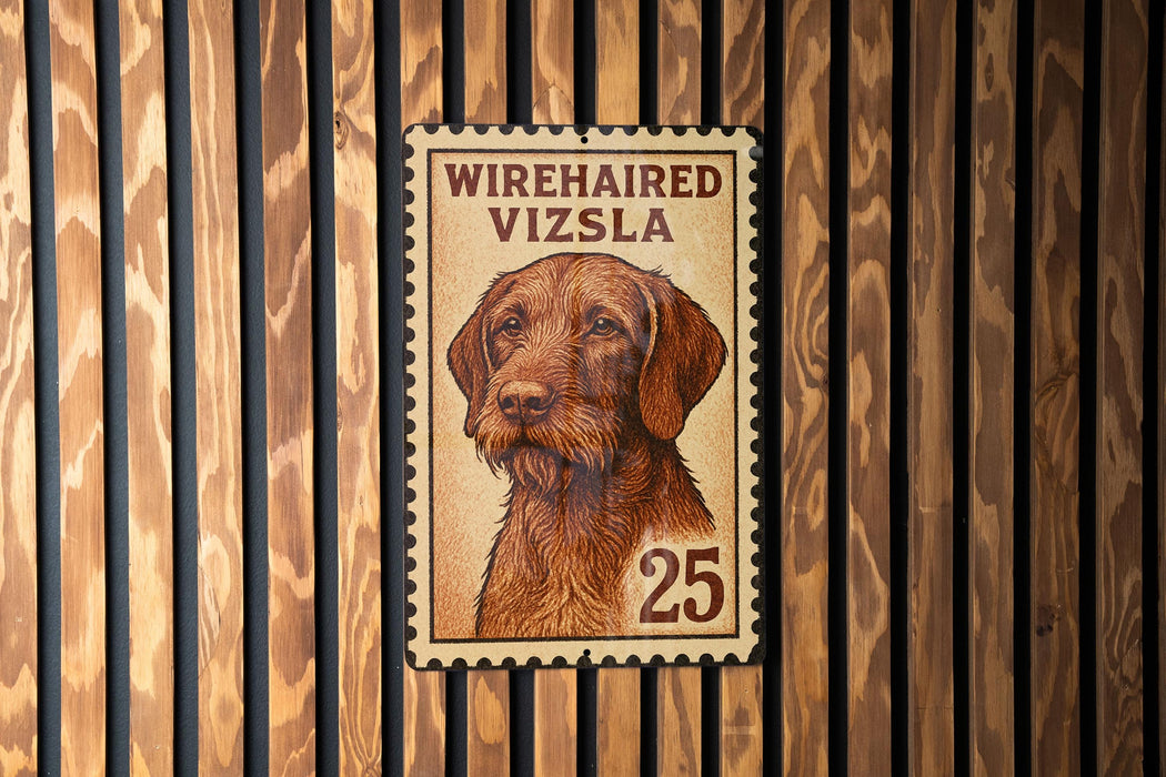 A metal stamp featuring a dog's portrait on a wooden background.
