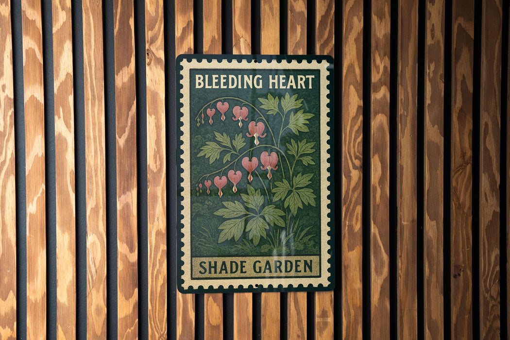A framed poster of a plant with pink flowers is displayed on a wooden wall.