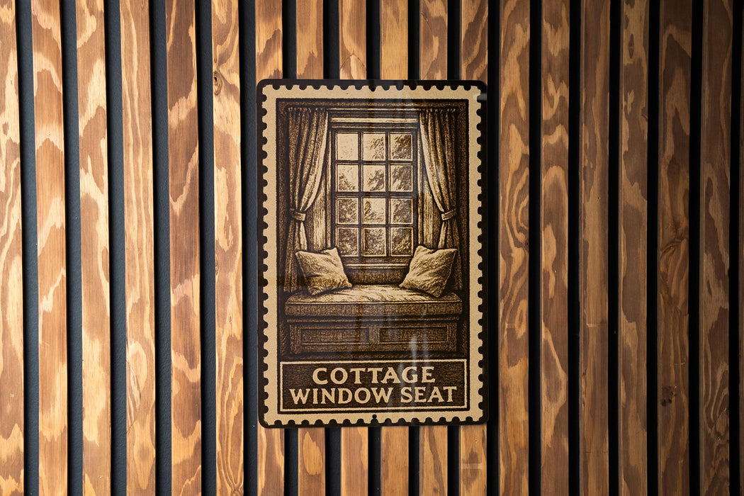 A sign with the text "COTTAGE WINDOW SEAT" is displayed on a wooden wall, featuring an illustration of a window with curtains.