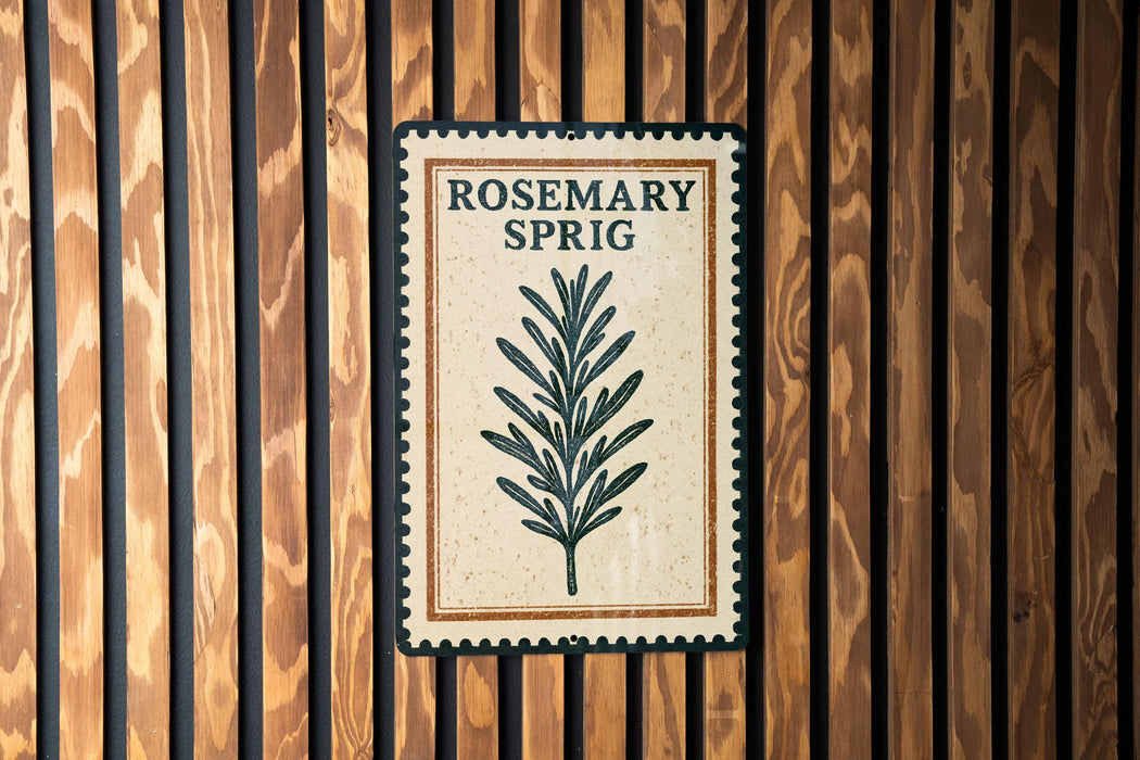 A sign for "ROSEMARY SPRIG" is displayed on a wooden wall.
