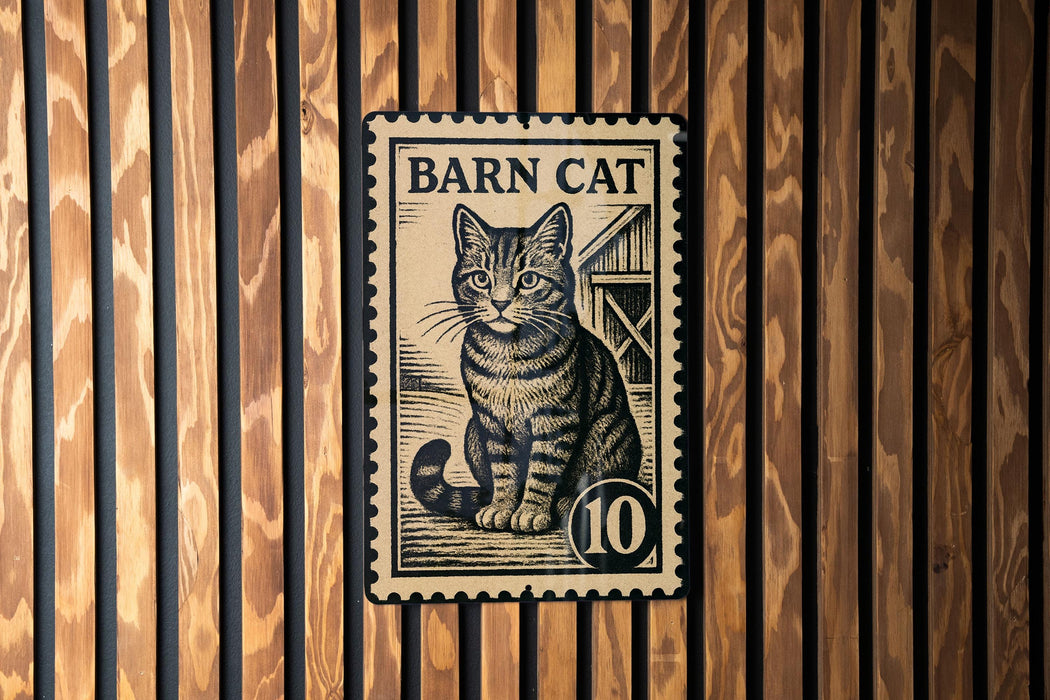 A metal stamp featuring a cat on a wooden background.
