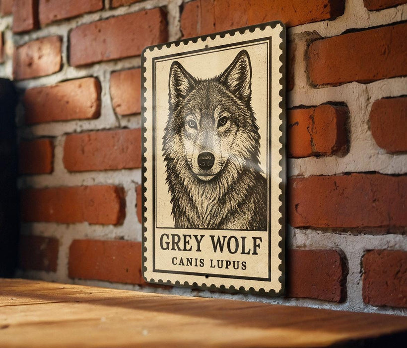 A framed image of a grey wolf is mounted on a brick wall.