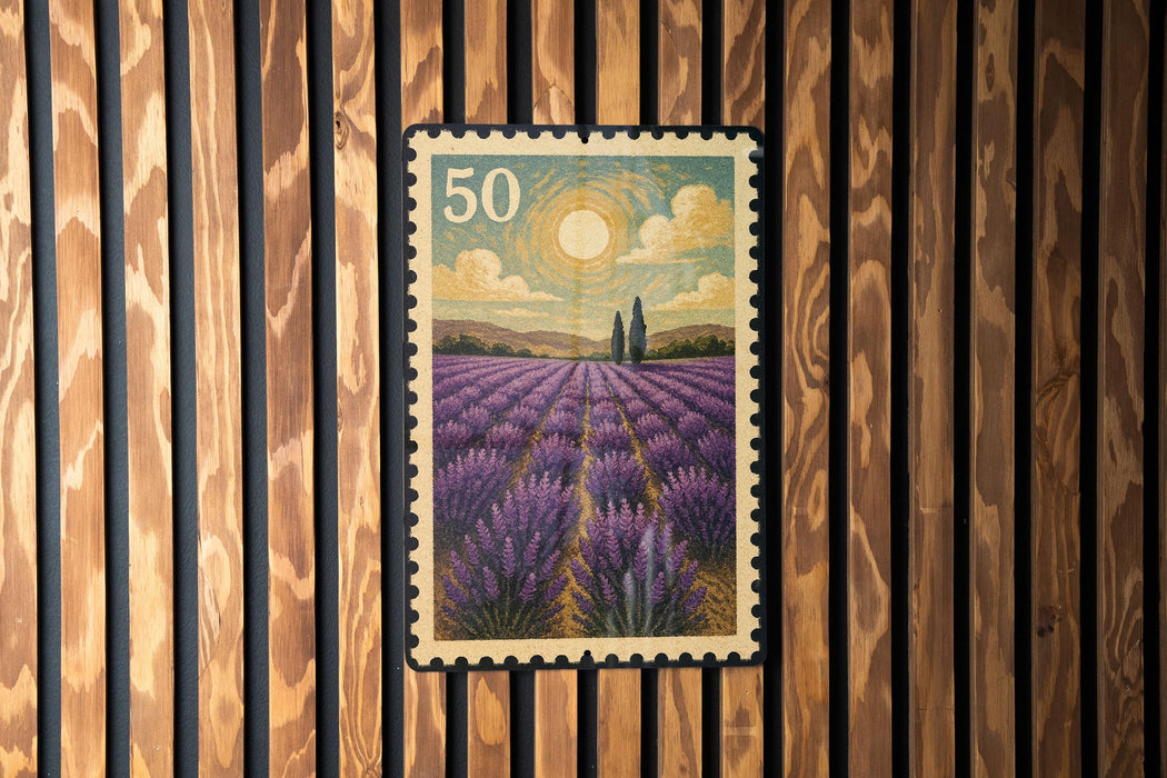 A postage stamp depicting a field of lavender flowers, with a sun and clouds in the background.