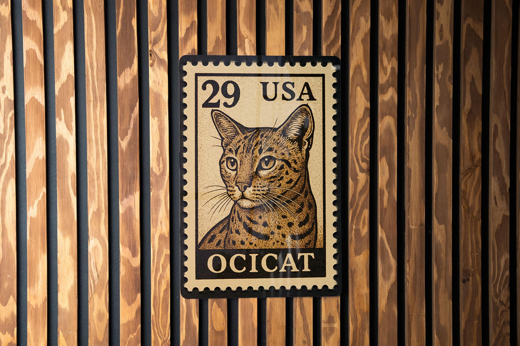 A wooden wall with a framed image of a cat, which appears to be a postage stamp.