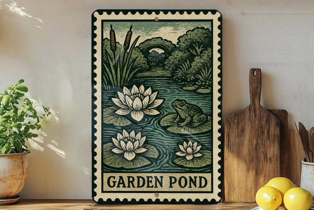 A garden pond sign with illustrations of water lilies and a frog is displayed on a shelf next to a wooden cutting board and some potted plants.