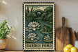 A garden pond sign with illustrations of water lilies and a frog is displayed on a shelf next to a wooden cutting board and some potted plants.