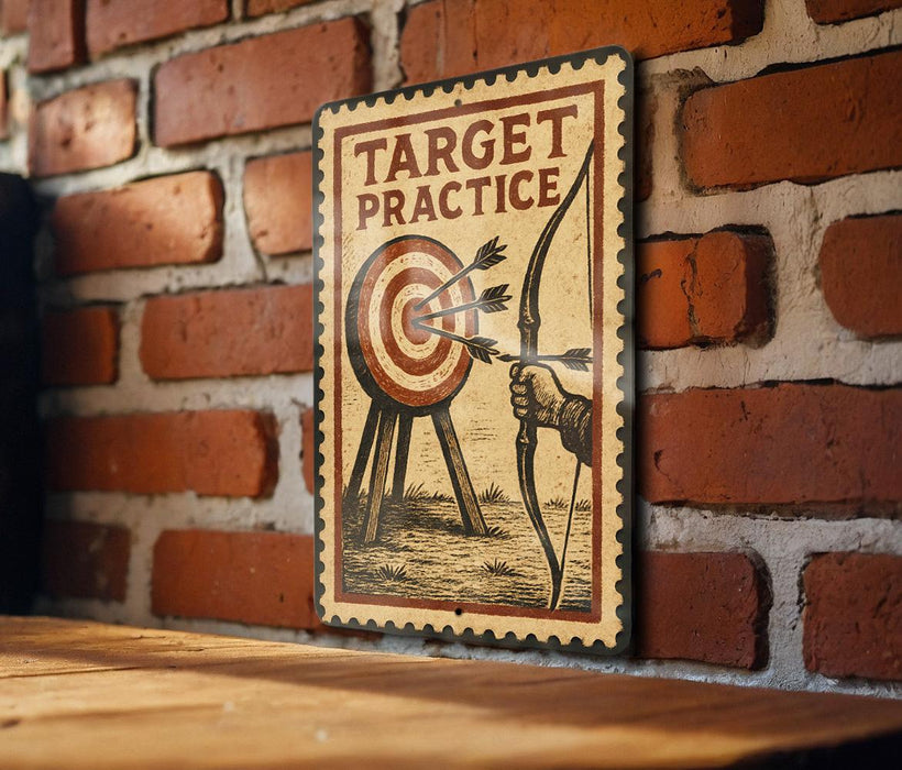A vintage-style sign with the text "TARGET PRACTICE" and an illustration of a target with arrows is displayed on a brick wall.