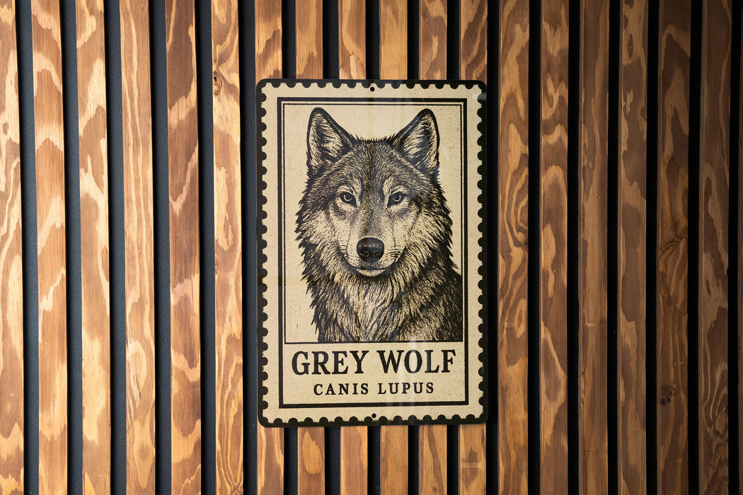 A framed image of a grey wolf is displayed on a wooden wall.