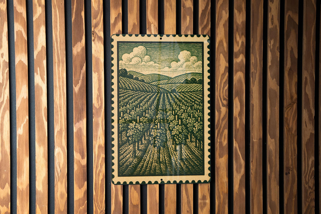 a framed illustration of a rural landscape with a field of trees and rolling hills, mounted on a wooden wall.