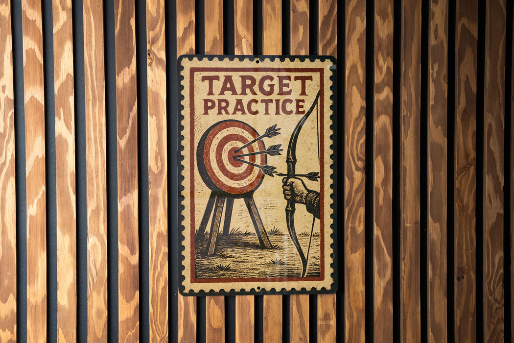 A vintage-style metal sign with the text "TARGET PRACTICE" and an illustration of a target with arrows.