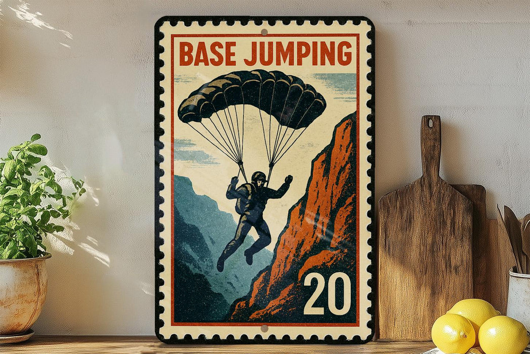 A vintage-style poster featuring a parachutist descending from a mountain, with the number 20 below the parachute.