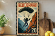 A vintage-style poster featuring a parachutist descending from a mountain, with the number 20 below the parachute.