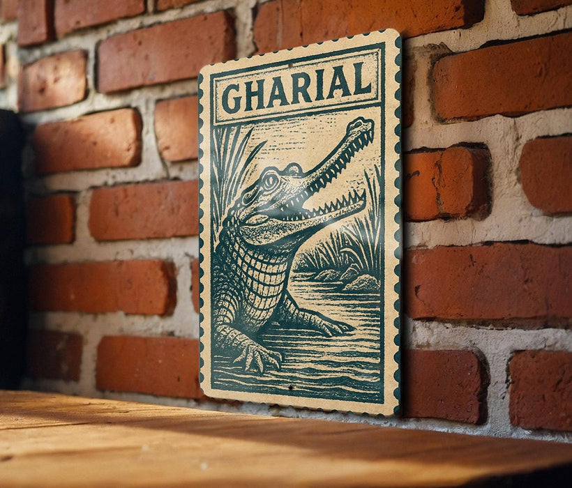 A wooden table with a large, ornate, and detailed crocodile stamp or sign hanging on a brick wall.
