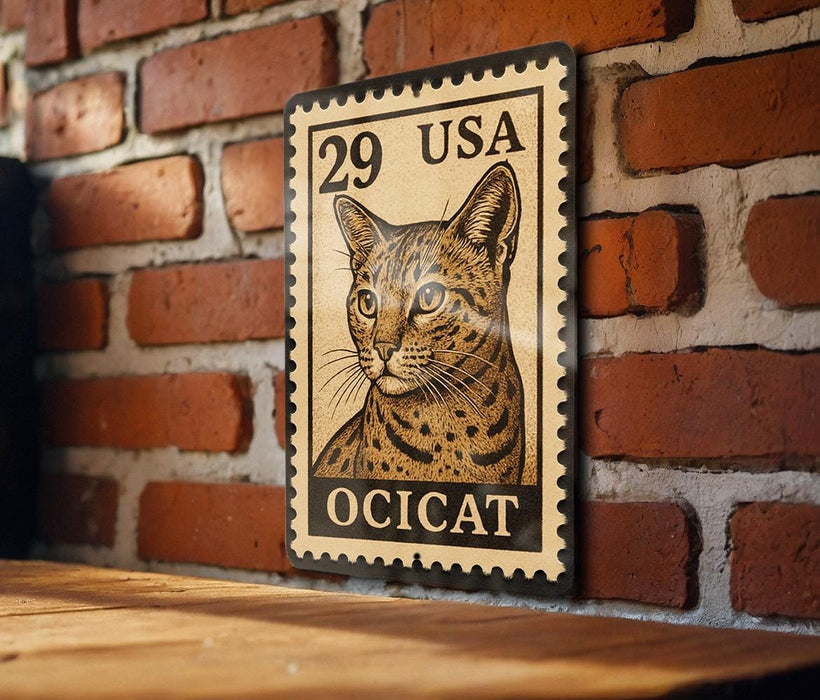 A wooden table with a wooden border, and a framed image of a cat on a brick wall.