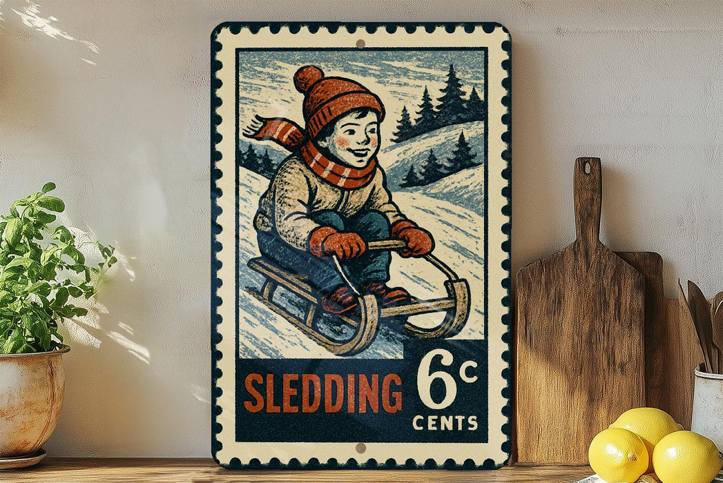 A vintage-style metal sign depicting a young boy riding a sled, with the text "Sledding 6c" and a snowy landscape in the background.