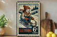 A vintage-style metal sign depicting a young boy riding a sled, with the text "Sledding 6c" and a snowy landscape in the background.