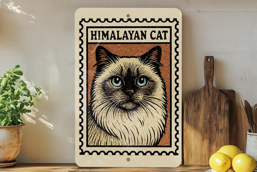 A framed image of a Himalayan cat is displayed on a shelf, accompanied by a wooden cutting board, a potted plant, and some lemons.