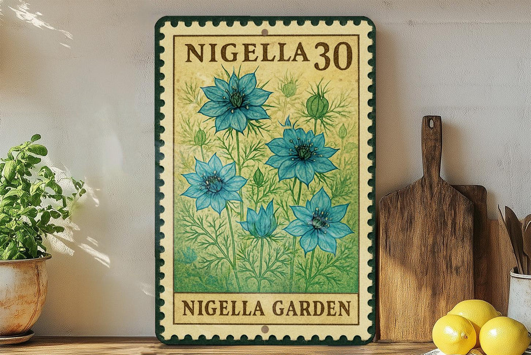 A vintage-style metal sign with a floral design, featuring blue flowers, is displayed on a shelf next to a wooden cutting board and some potted plants.