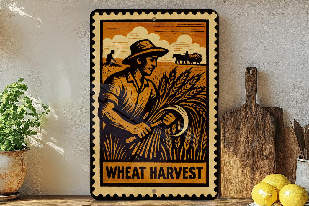 a vintage-style metal sign with a black and white illustration of a farmer harvesting wheat, accompanied by the text "Wheat Harvest".