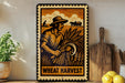 a vintage-style metal sign with a black and white illustration of a farmer harvesting wheat, accompanied by the text "Wheat Harvest".