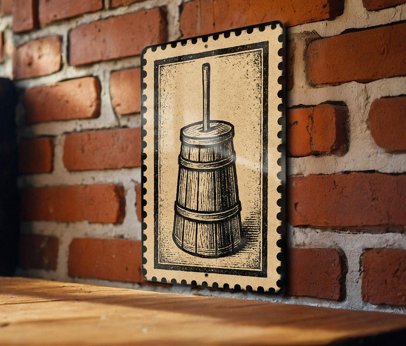 A metal sign with a black and white illustration of a wooden barrel is mounted on a brick wall.