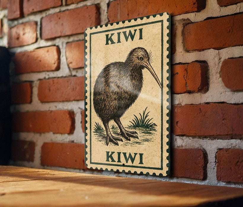 A framed illustration of a kiwi bird is displayed on a brick wall, with the word "KIWI" written on the frame.