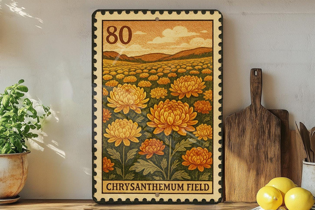 A framed illustration of a field of chrysanthemum flowers, with the text "CHRYSANTHEMUM FIELD" below the image.