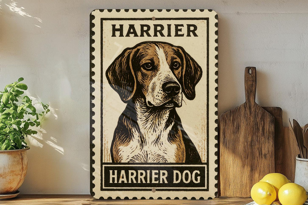 A metal sign featuring a portrait of a Harrier dog, with the text "Harrier Dog" below the image.