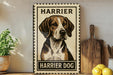 A metal sign featuring a portrait of a Harrier dog, with the text "Harrier Dog" below the image.