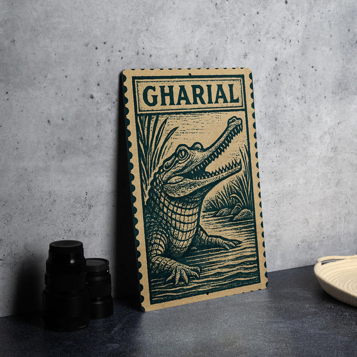 a large, detailed illustration of a crocodile on a piece of paper, with the word "GHARIAL" prominently displayed above it.