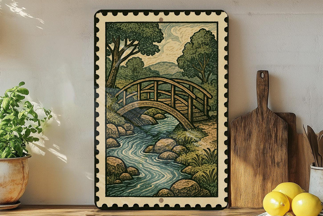 A framed illustration of a wooden bridge over a stream is displayed on a shelf, accompanied by a potted plant, a cutting board, and some lemons.