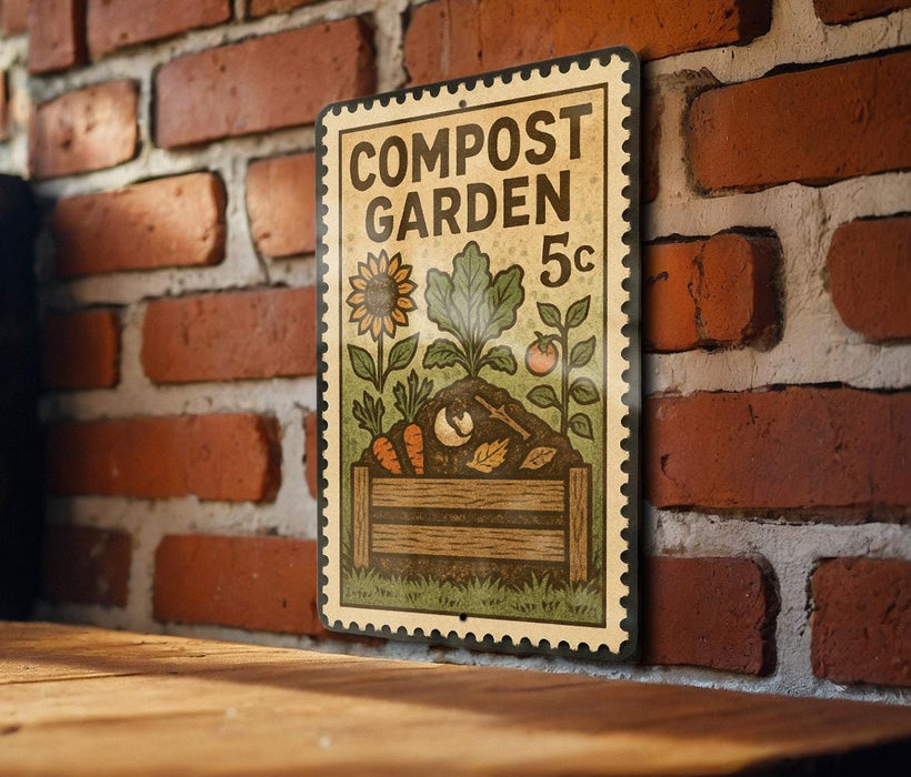 A vintage-style metal sign with a garden scene and text, mounted on a brick wall.