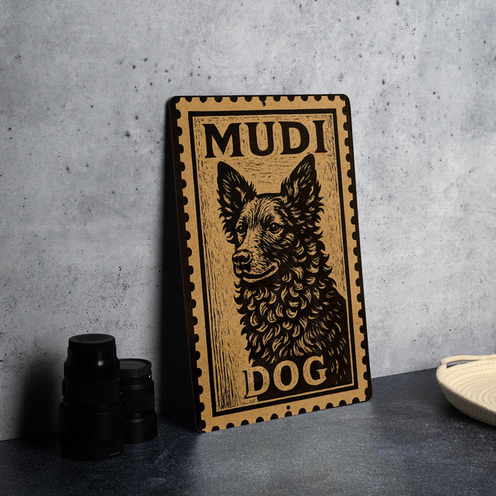 A metal sign with a dog illustration and the text "MUDI DOG" printed on it, placed on a gray surface next to some black camera lenses.