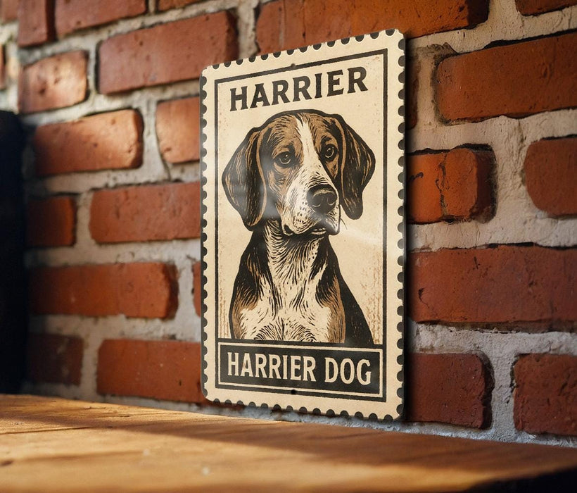 A vintage-style metal sign featuring a portrait of a Harrier dog is mounted on a brick wall.