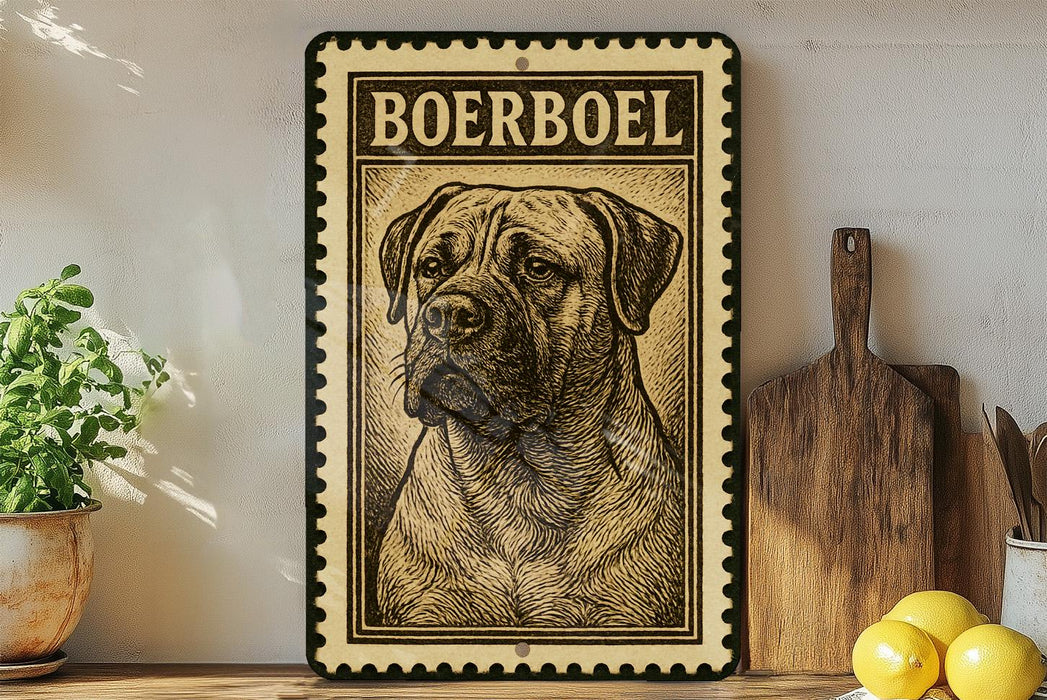 A framed illustration of a Boerboel dog is displayed on a shelf, accompanied by a wooden cutting board, a potted plant, and some lemons.