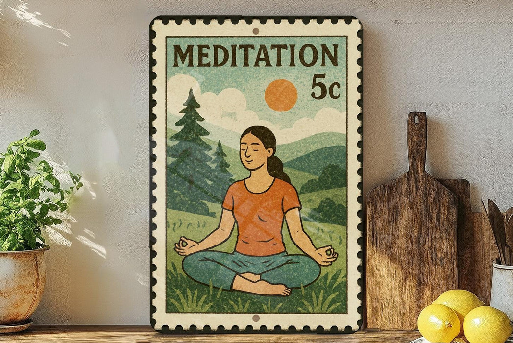 A framed illustration of a woman meditating in a serene outdoor setting, with a vintage-style stamp design.