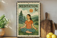 A framed illustration of a woman meditating in a serene outdoor setting, with a vintage-style stamp design.