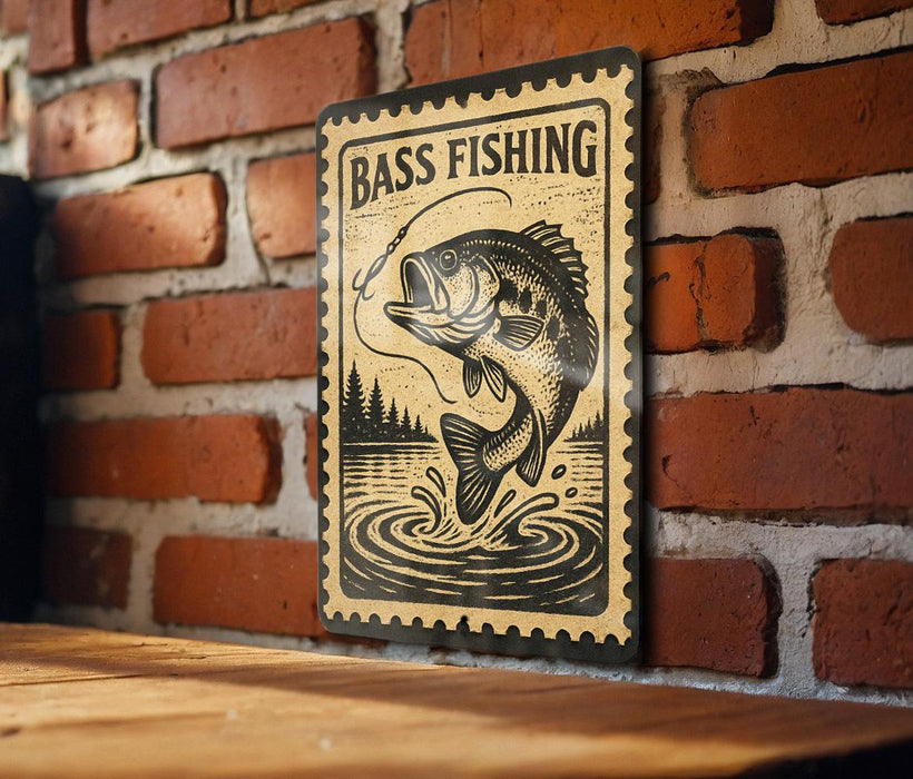 A vintage-style sign with the text "BASS FISHING" and an illustration of a fish is mounted on a brick wall.