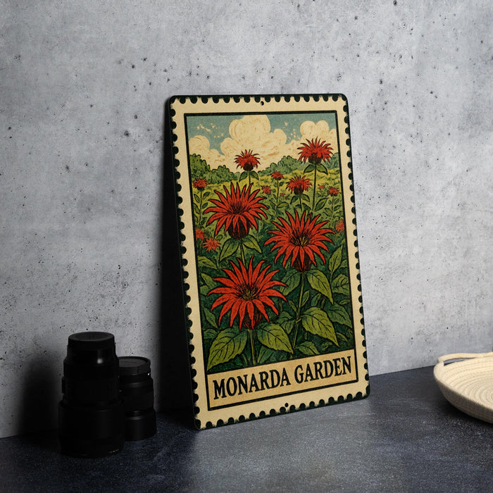A metal sign with a floral illustration of red flowers and green leaves, placed on a table next to some black camera lenses.