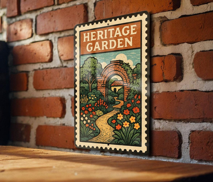 A vintage-style metal sign with a brick wall backdrop, featuring an illustration of a garden path and flowers.
